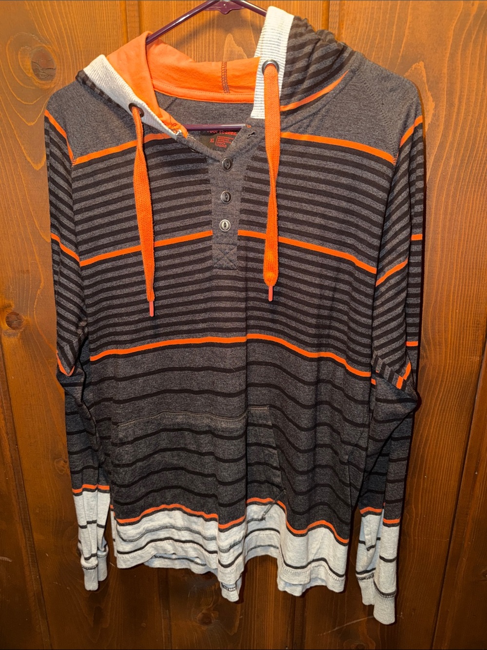 Men's Hooded Striped Henley Sweatshirt - Orange & Charcoal